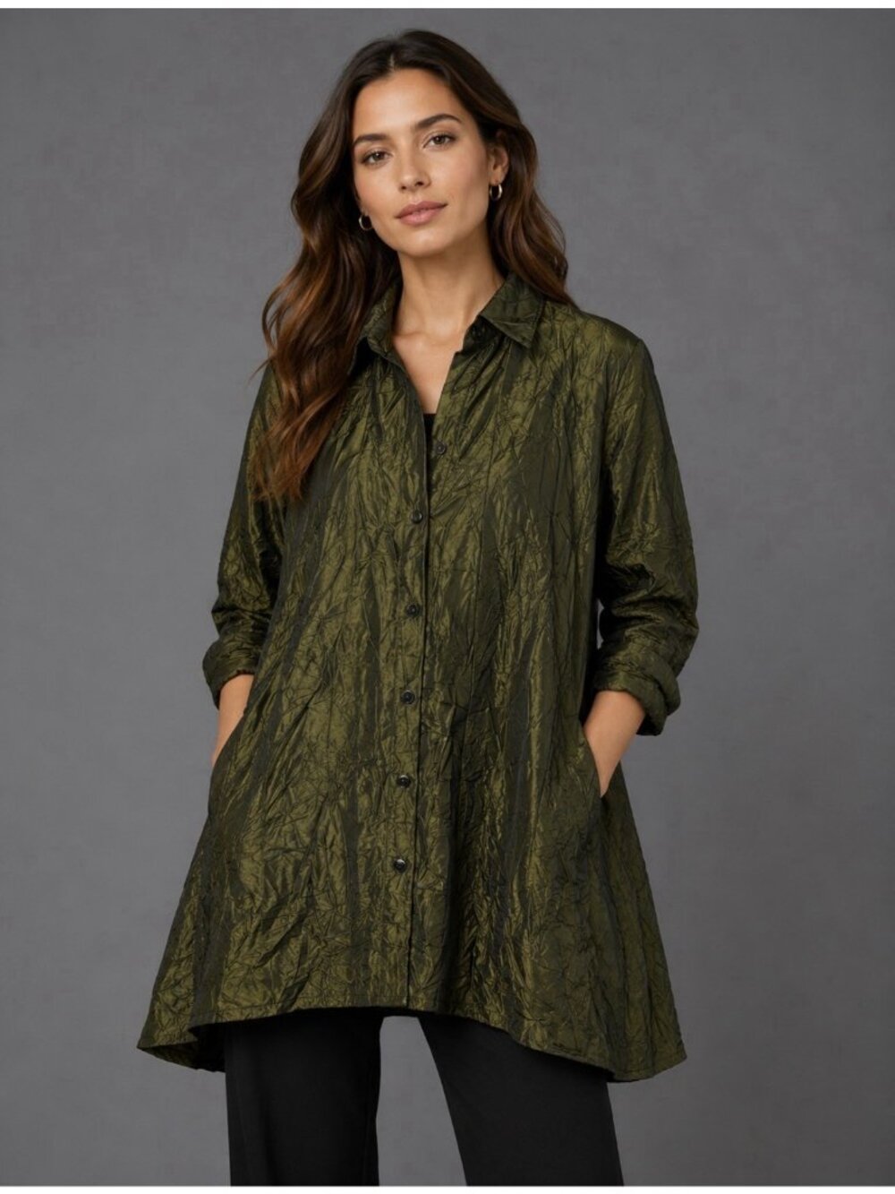 KOZAN Womens XS Green Metallic Crinkle Oversized Swing Jacket Lagenlook Artsy